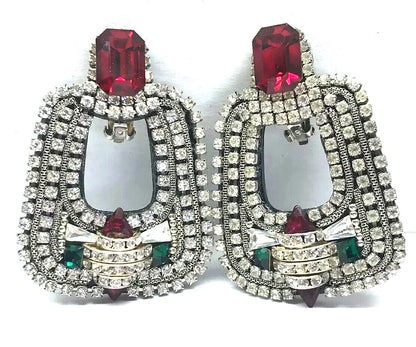 Original M&J Hansen '89 Signed Red Green Crystal Rhinestone Runway Clip Earrings