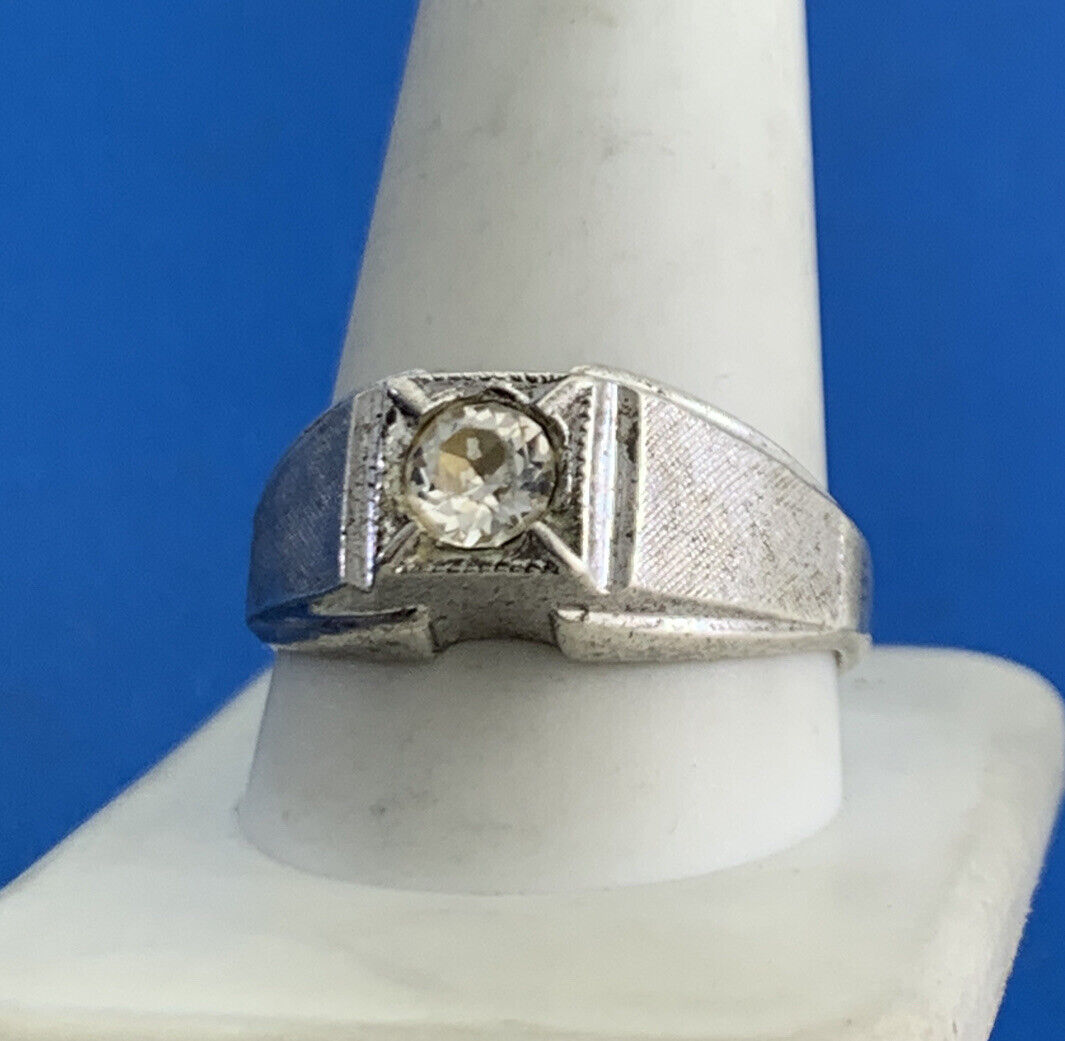 Vintage 925 Sterling Silver Round Cubic Zirconia Unisex Textured Cocktail Ring