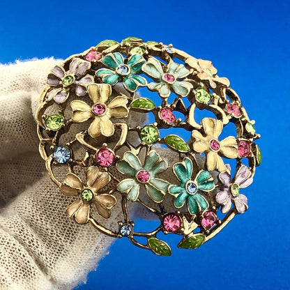 Mid Century Monet Gold Tone Multi Colored Enamel Rhinestone Spring Floral Brooch
