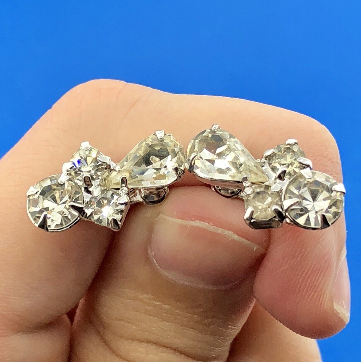 Estate Silver Tone Crystal Rhinestone Bridal Wedding Screw Back Earrings