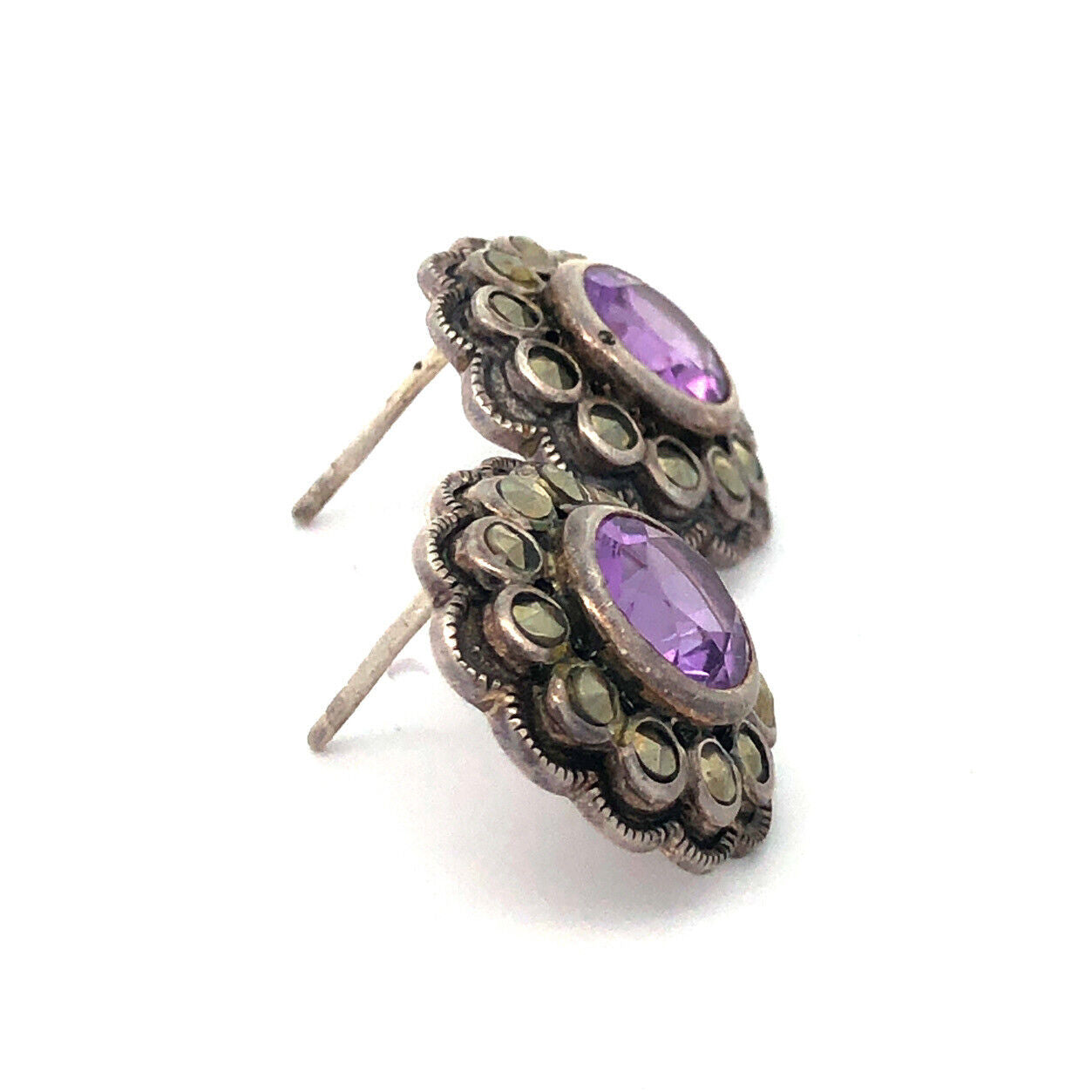 Vintage Designer A 925 Sterling Silver Amethyst Marcasite Flower Stud Earrings