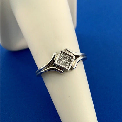 Modernist 14K White Gold Diamond Tension Set Princess Engagement Promise Ring