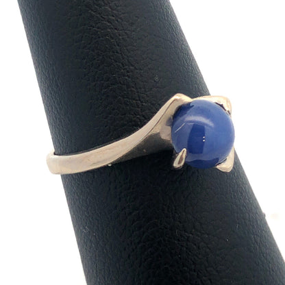 Retro 14K White Gold Blue Star Sapphire Solitaire Cabochon Modernist Ring