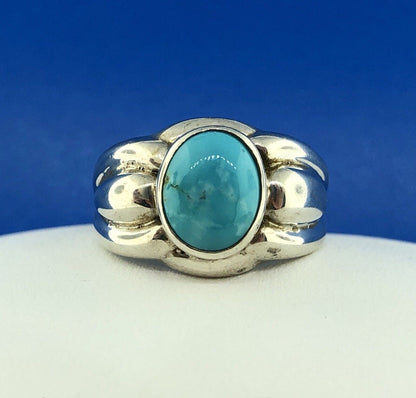 Designer OIM Sterling Silver 925 Oval Turquoise Modernist Ribbed Design Ring