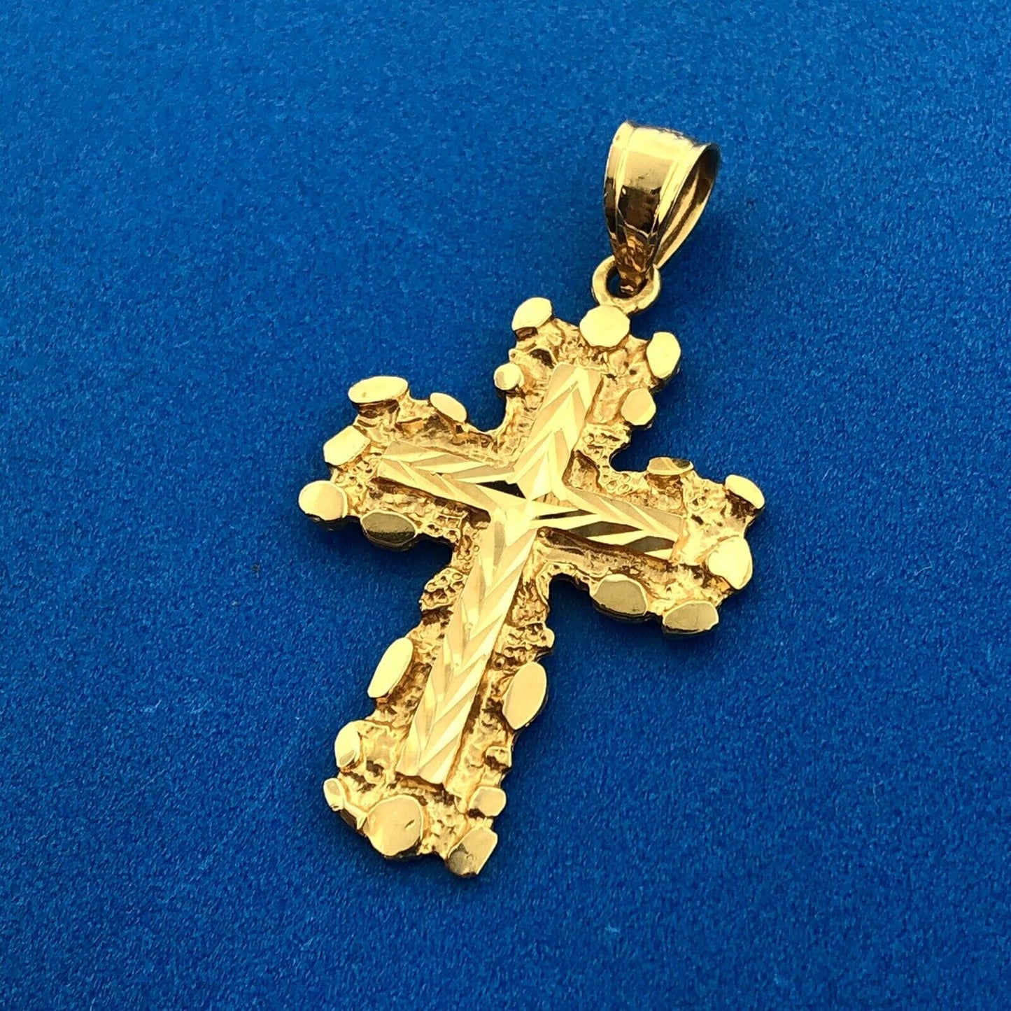 Retro 14K Yellow Gold Nugget Diamond Cut Cross Religious Communion Pendant