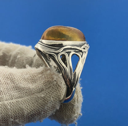 Stunning Sterling Silver 925 Cabochon Teardrop Amber Statement Ring Size 6.25