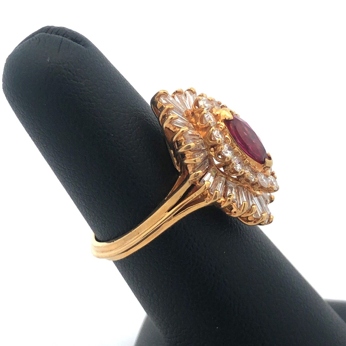 Designer 18K Yellow Gold Marquise Ruby Diamond Double Halo Statement Sz 6.5 Ring