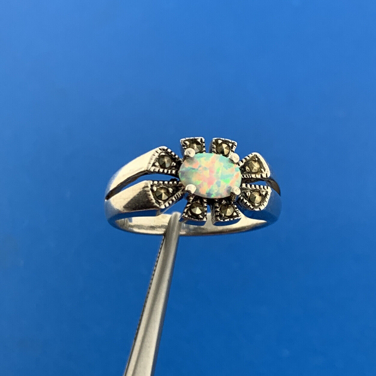 Designer CII Mexico Sterling Silver 925 Opal Marcasite Flower Design Ring