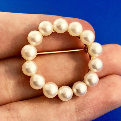 Vintage 14K Yellow Gold 6 MM Pearl Wreath Pin Brooch Pendant