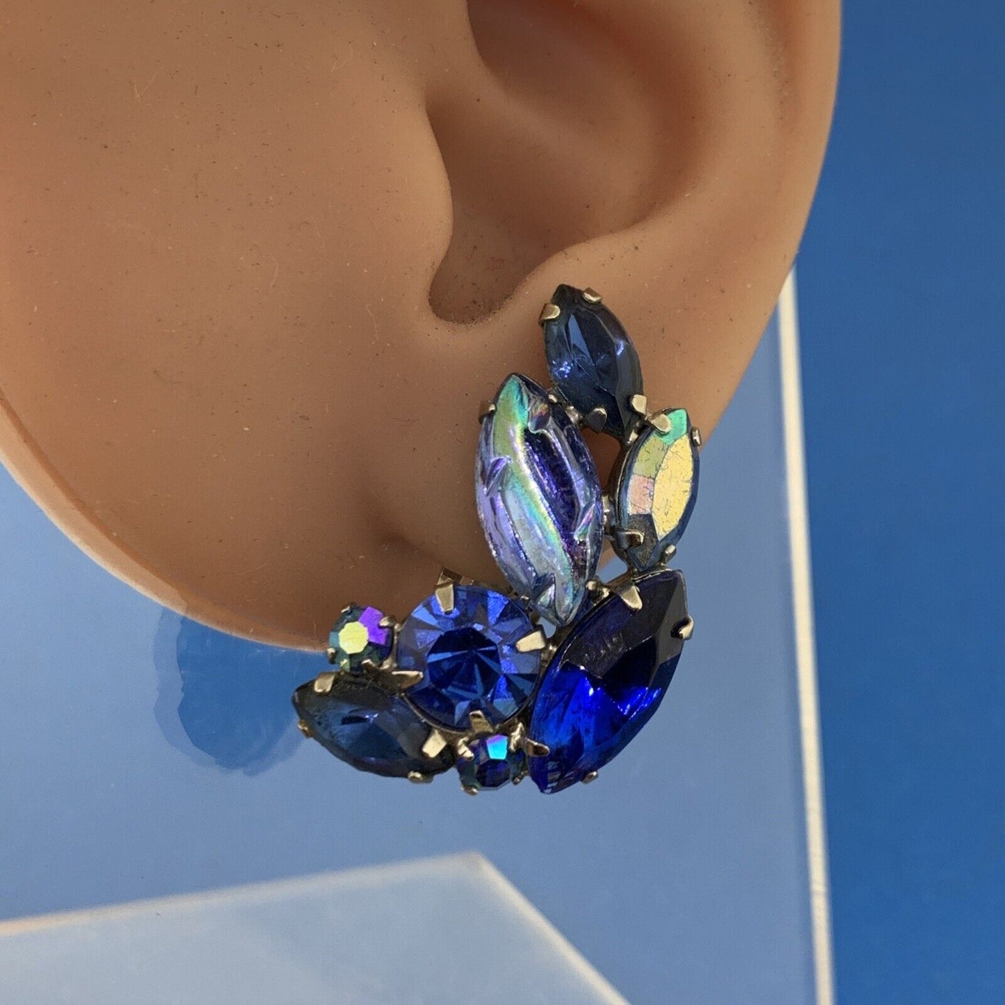 Mid Century Silver Tone Blue Aurora Borealis Rhinestone Brooch & Earrings Set