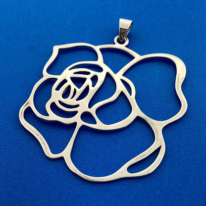 Estate FAS 925 Sterling Silver Rose Flower Bouquet Cut Out Statement Pendant