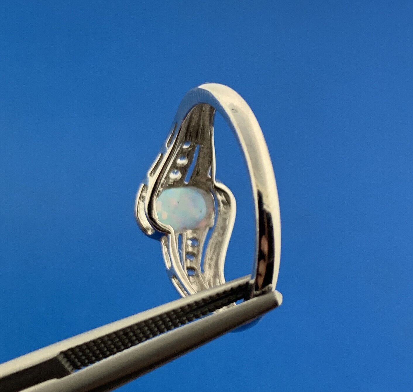 Designer Sterling Silver Oval Opal Cabochon White Topaz Accented Cocktail Ring