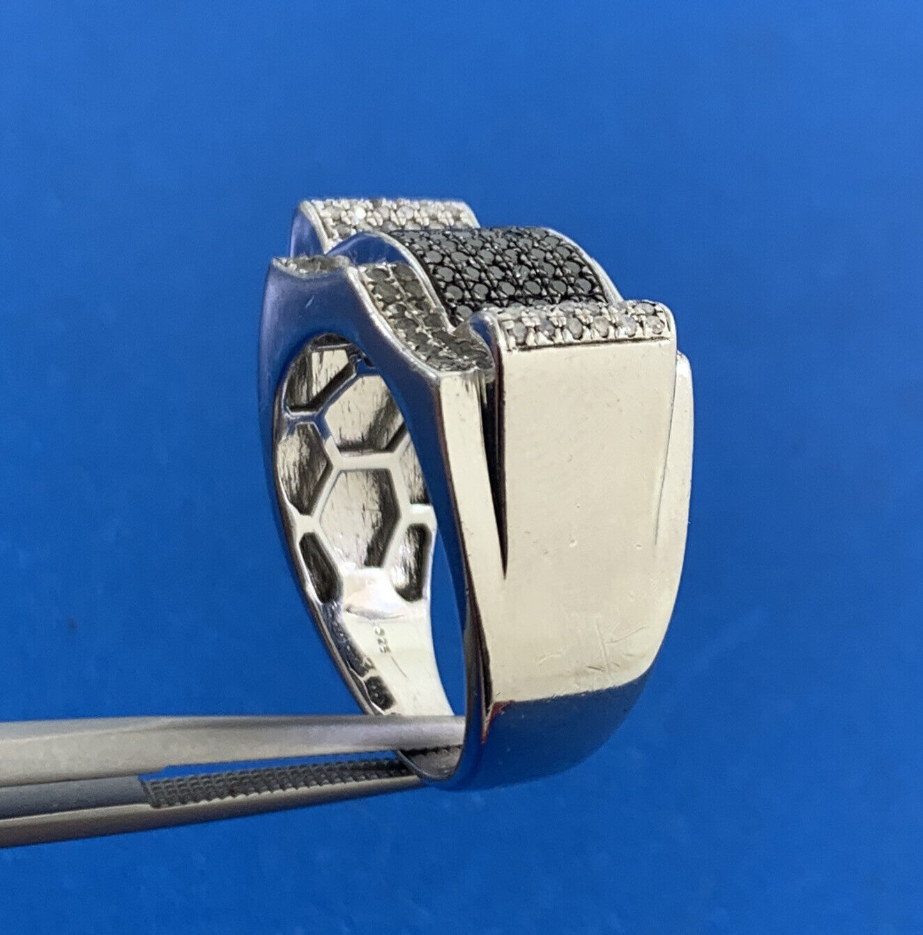 Designer 925 Sterling Silver Black White Pave Diamond Unisex Modernist Dome Ring