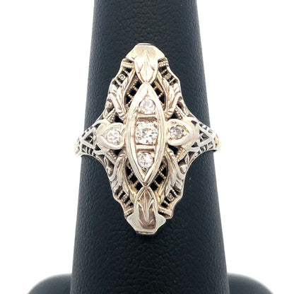 Art Nouveau Art Deco 18K White Gold Diamond Filigree Statement Finger Ring