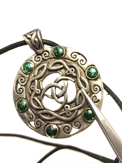 Silver Tone Celtic Knot Green Enamel Round Pendant Cord Statement Necklace