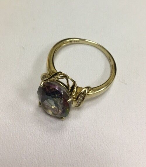 Stunning TJC 14K Yellow Gold Mystic Topaz Diamond Ring Size 6.75
