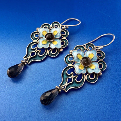 Designer BJ Sterling Silver 925 Smoky Topaz Enamel Floral Scroll Dangle Earrings