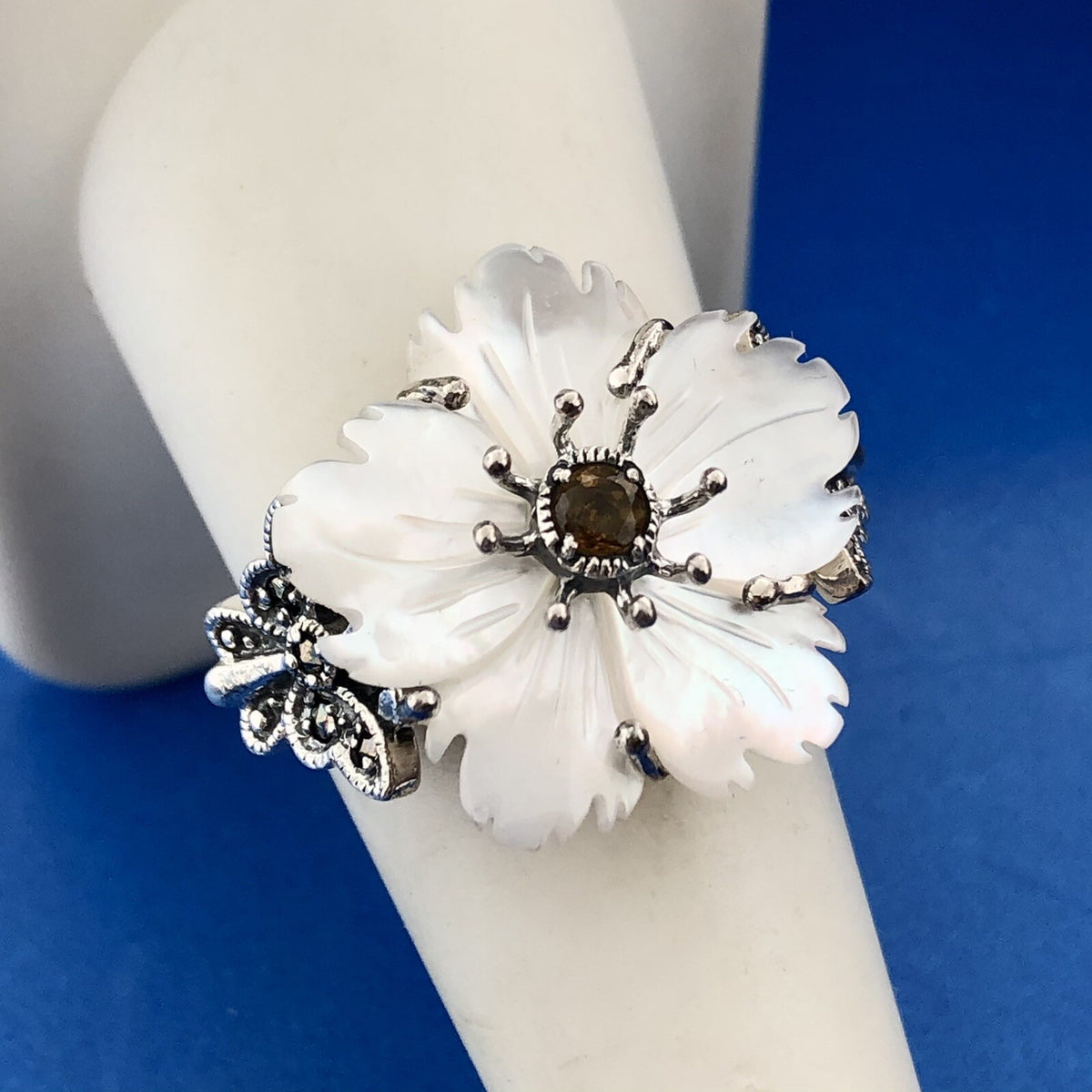 Sterling Silver Citrine Marcasite Mother of Pearl Flower Butterfly Ring Size 9