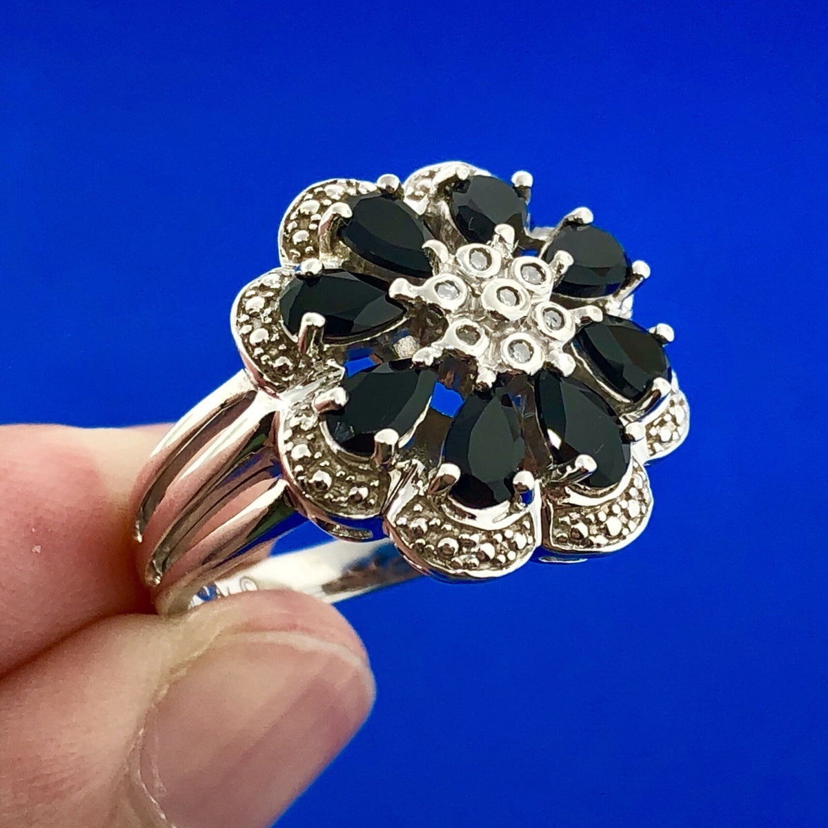 Designer AJ Sterling Silver Sapphire Diamond Floral Cluster September Anniv Ring