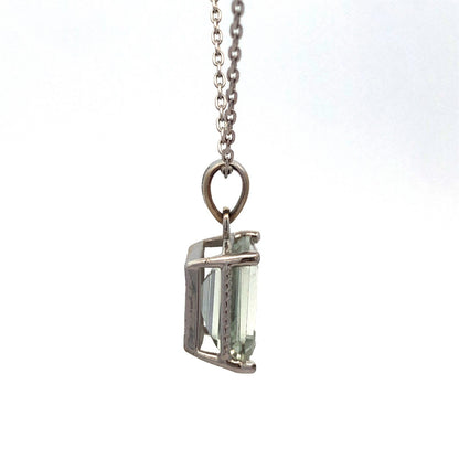 14K White Gold Emerald Cut Green Topaz Solitaire Drop Pendant Necklace