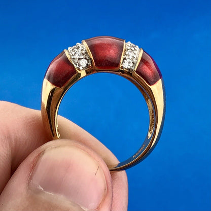 Stunning 925 Sterling Silver Red Enamel Cubic Zirconia Statement Dome Ring