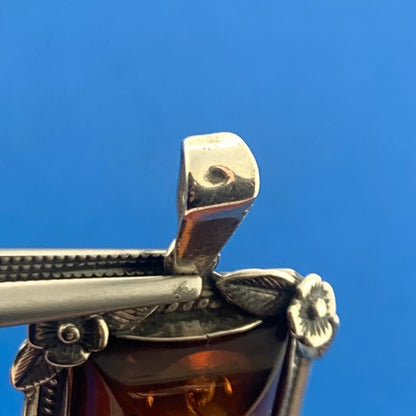 Vintage Designer 925 Sterling Silver Amber Floral Design Rectangle Pendant