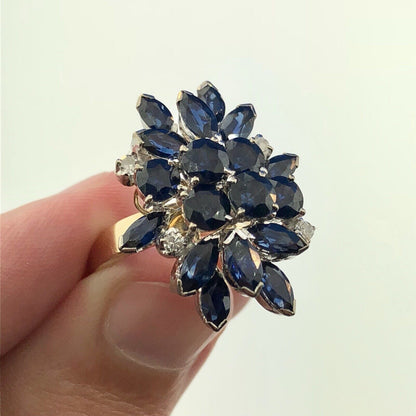 Estate 1982 14K Yellow Gold Sapphire Diamond Waterfall Cluster Statement Ring