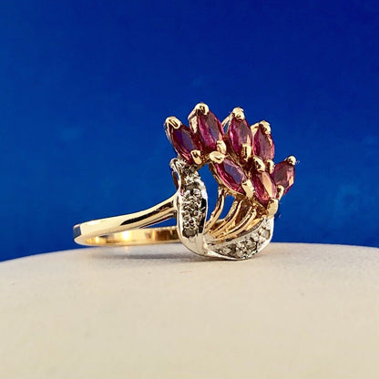 Vintage Designer THL 10K Yellow Gold Pink Spinel Diamond Cluster Cocktail Ring