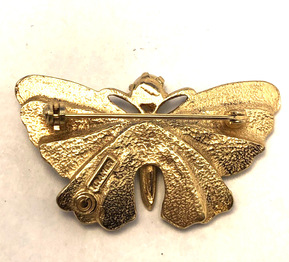 Vintage Designer Kramer Gold Tone Faux Pearl Black Enamel Moth Butterfly Brooch