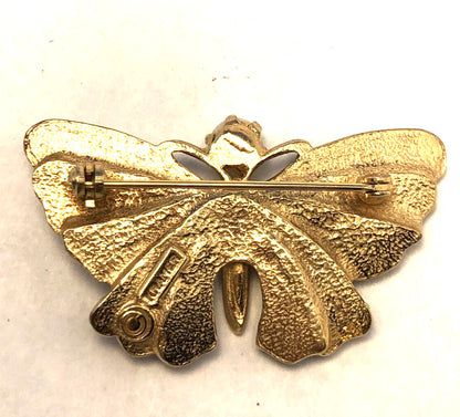 Vintage Designer Kramer Gold Tone Faux Pearl Black Enamel Moth Butterfly Brooch