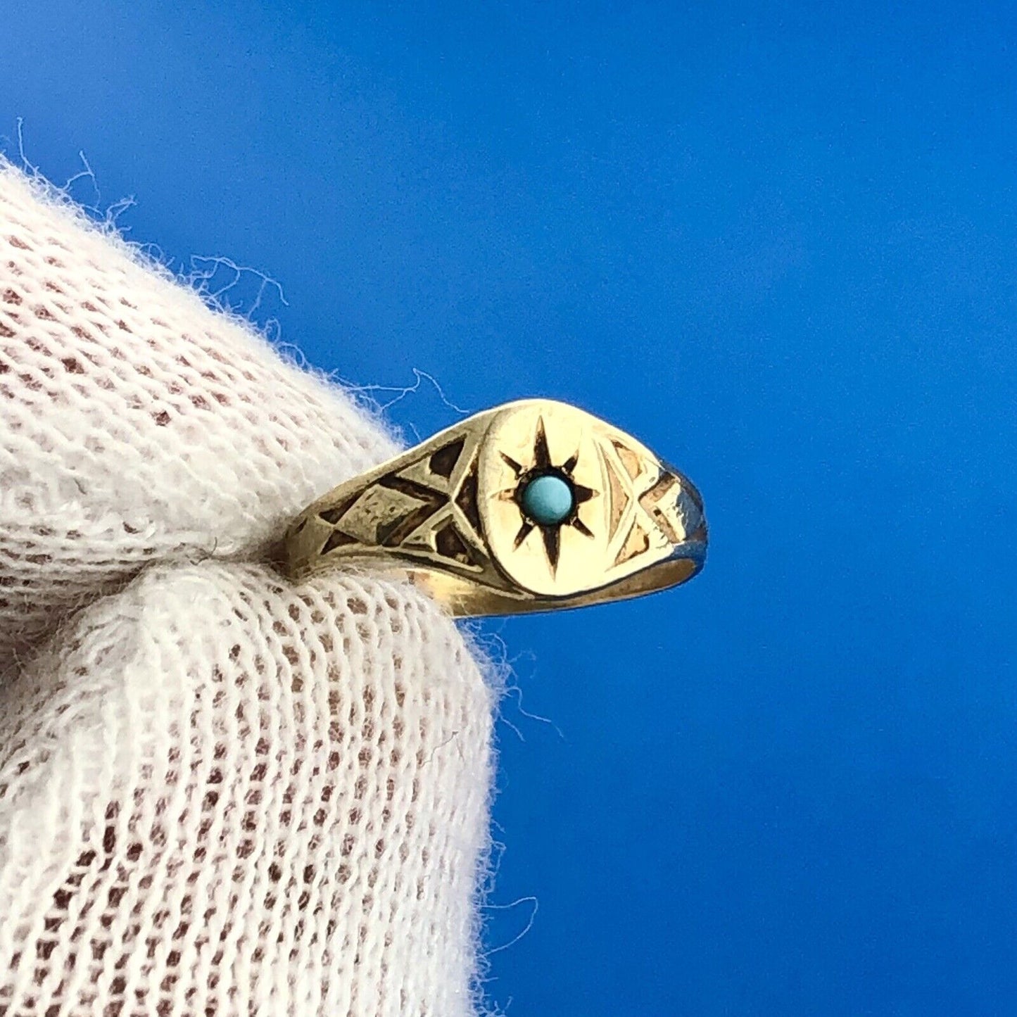 Antique 10K Yellow Gold Turquoise Seed Bead Child's Ring Size .05