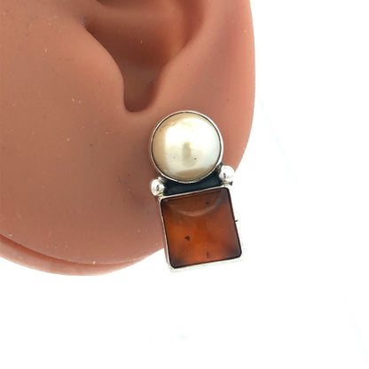 Vintage 925 Sterling Silver Round Pearl Square Amber Drop Stud Earrings