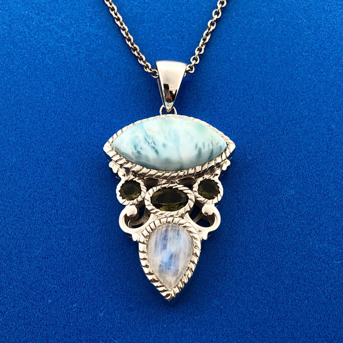 Designer Sterling Silver 925 Blue Agate Peridot Moonstone Drop Pendant Necklace