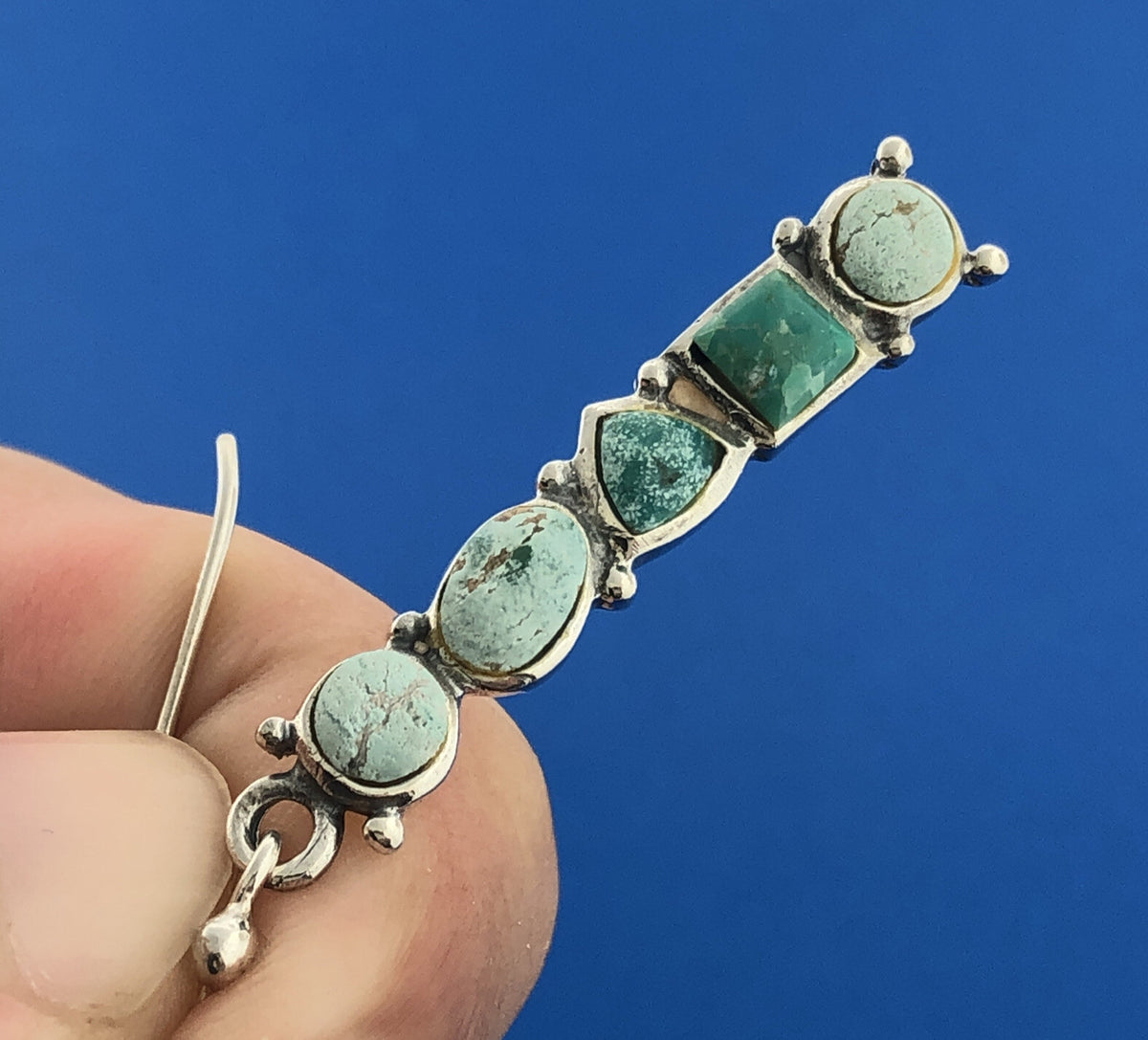Sterling Silver 925 Multi-Shaped Cabochon Green Turquoise Dangle Hook Earrings