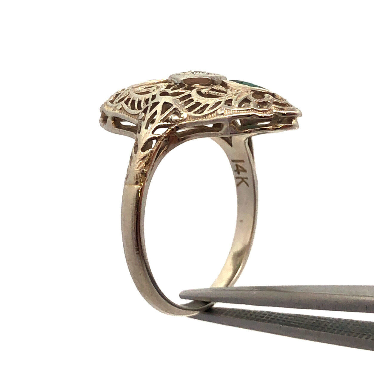 Designer Art Deco 14K White Gold Diamond Emerald Accent Filigree Cocktail Ring