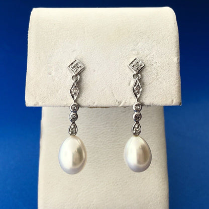 Elegant 14K White Gold Diamond Pearl Bridal Anniversary Drop Dangle Earrings