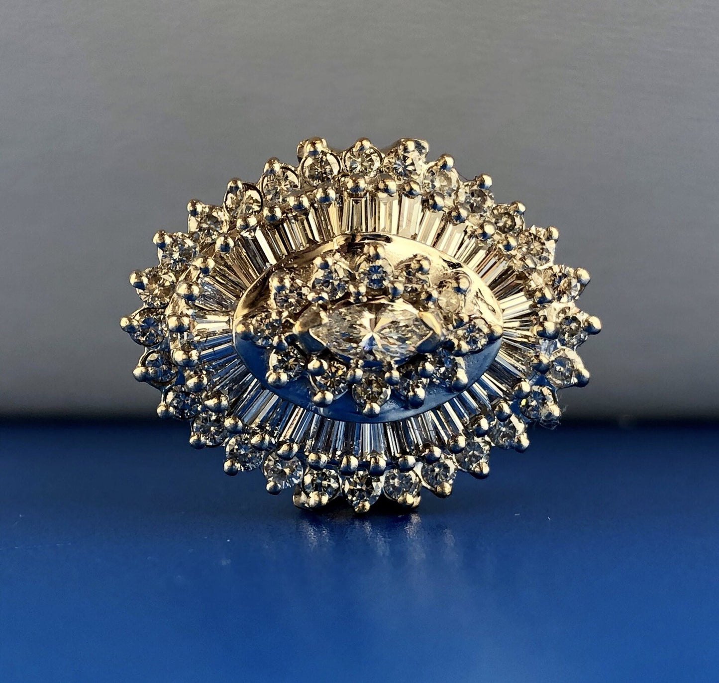 14K Yellow White Gold Diamond Halo Cluster 4 Tier Statement Cocktail Ring