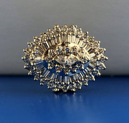 14K Yellow White Gold Diamond Halo Cluster 4 Tier Statement Cocktail Ring