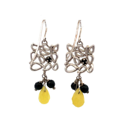Vintage 925 Sterling Silver Black Onyx Chrysoprase Modernist Dangle Earrings