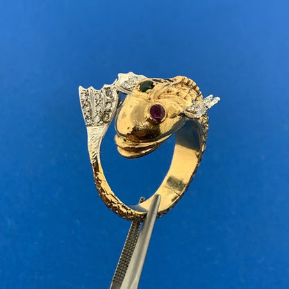 Retro 18K Yellow Wht Gold Diamond Ruby Emerald Textured Koi Fish Statement Ring