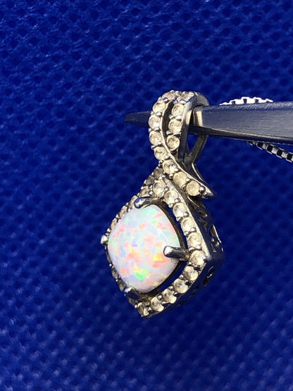 Designer SUN 925 Sterling Silver Opal and Diamond Halo Accent Pendant Necklace