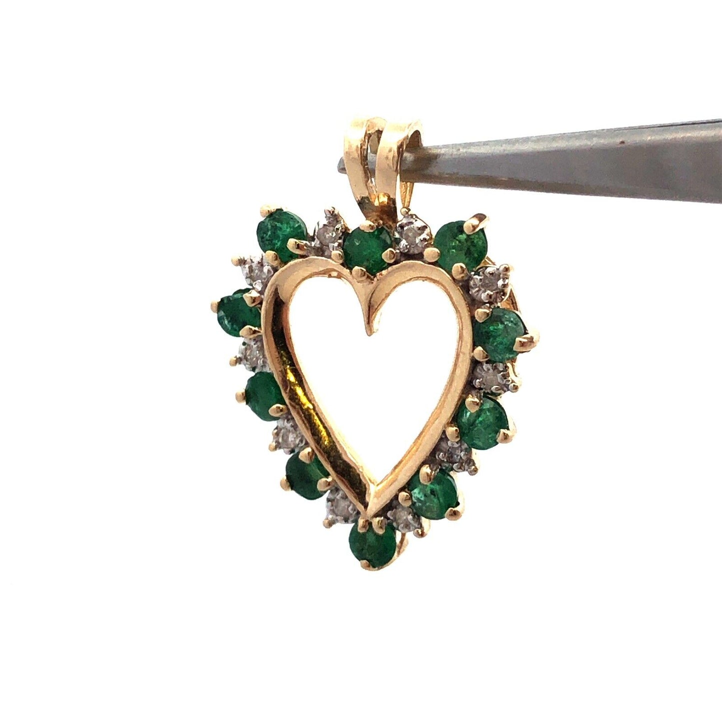 Vintage 10K Yellow Gold Round Emerald Diamond Accent Heart Anniversary Pendant