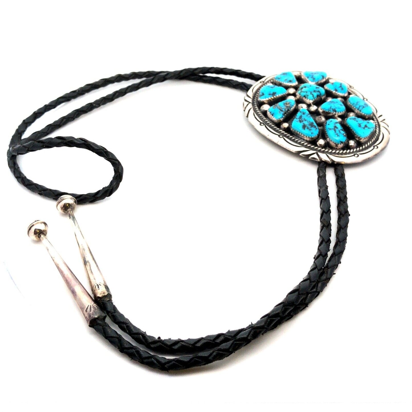 Tommy Moore Navajo Sterling Silver Turquoise Black Leather Bolo Lariat Necklace