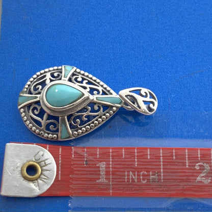 Balinese Style 925 Sterling Silver Pear Turquoise Bead And Scroll Pendant