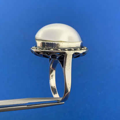 Designer 925 Sterling Silver Mabe Pearl Marcasite Halo Statement Cocktail Ring