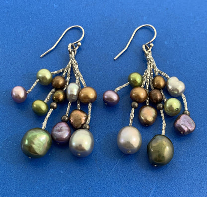 Estate 925 Sterling Silver Green Purple Gold Silver Pearl Hook Dangle Earrings