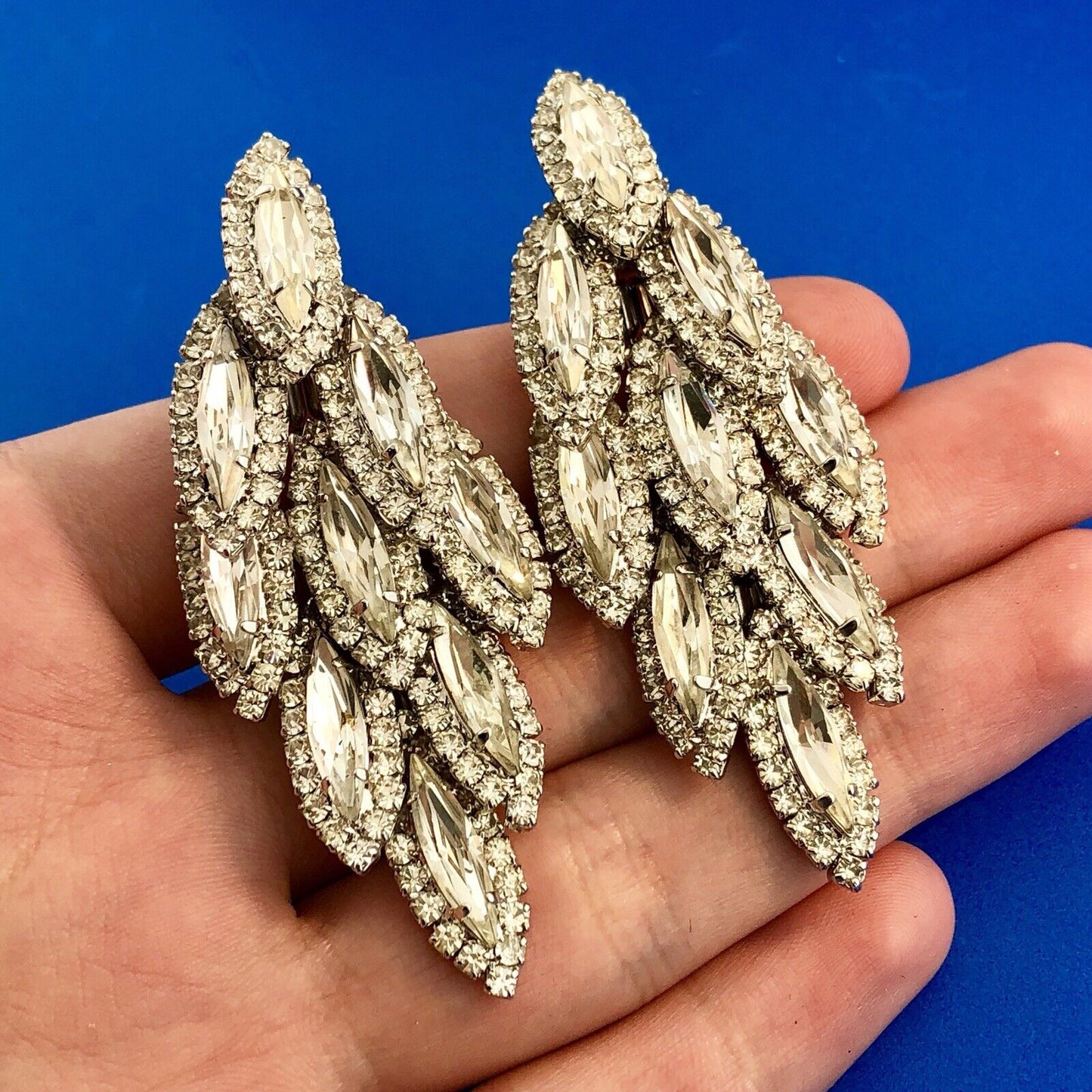Dramatic Couture Silver Tone Rhinestone 3 Tier Dangle Statement Clip Earrings