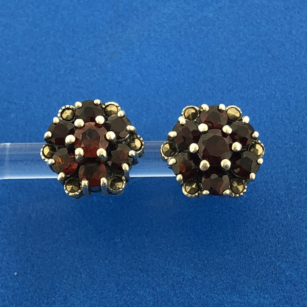 Sterling Silver 925 Garnet Solitaire Halo Flower Floral Cluster Stud Earrings