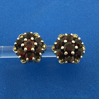 Sterling Silver 925 Garnet Solitaire Halo Flower Floral Cluster Stud Earrings