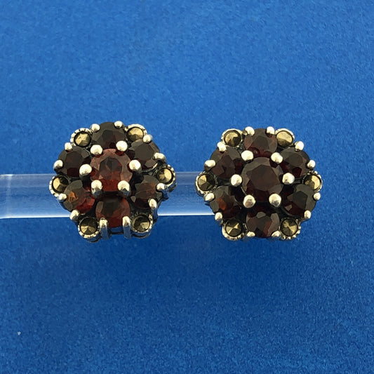 Sterling Silver 925 Garnet Solitaire Halo Flower Floral Cluster Stud Earrings